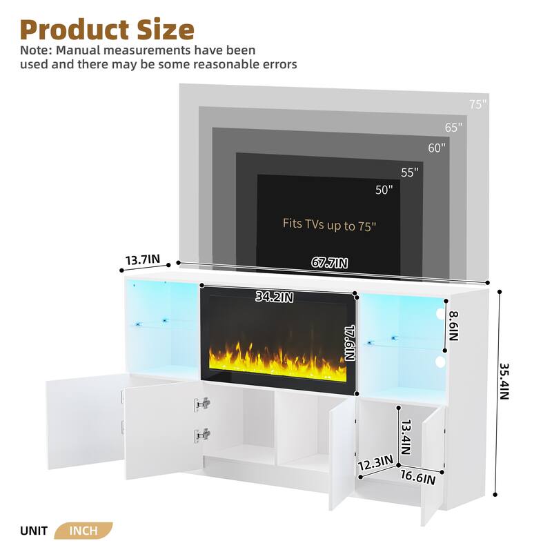 Modern High Gloss TV Stand with 34.2" Non-heating Electric Fireplace, LED Lighting for TVs up to 75"