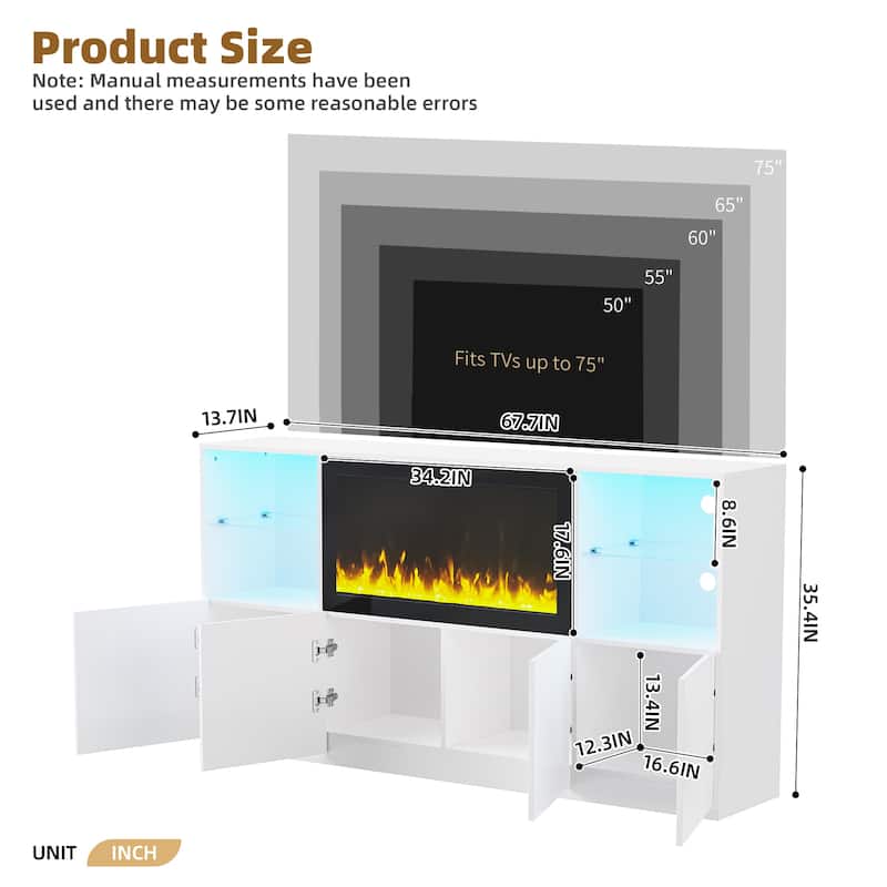 Modern LED TV Stand, for TVs up to 75 Inches with Electric Fireplace and Tempered Glass Shelf, for Living Rooms