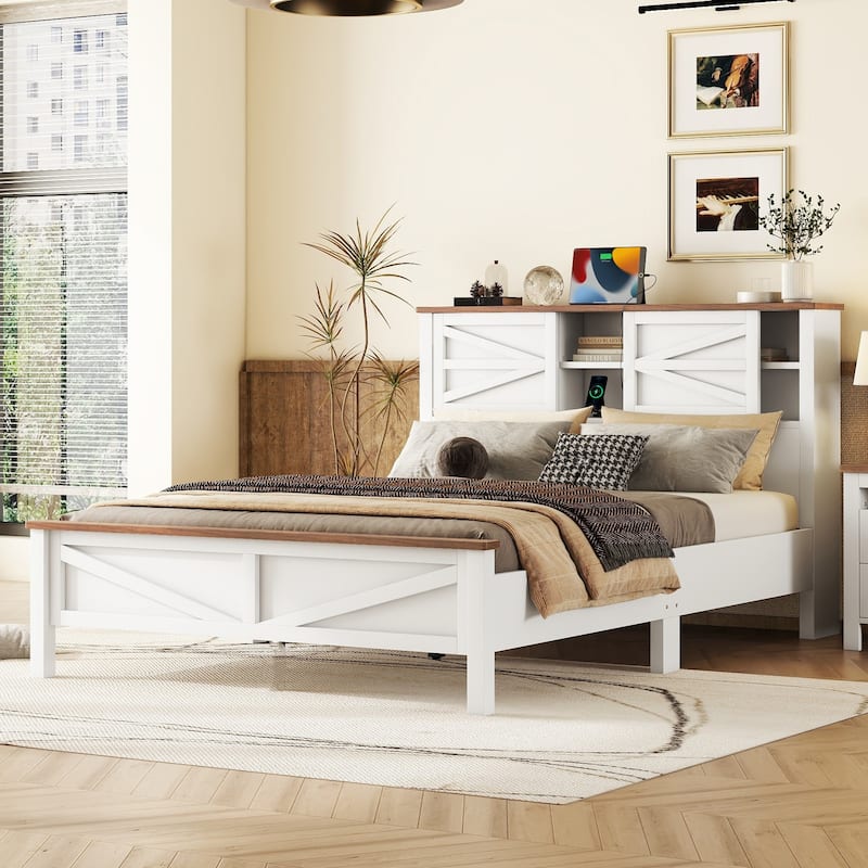 Farmhouse Platform Bed with Double Sliding Barn Door, Full/Queen Size Rustic Bed Frame with Charging Station, Wood Slats Support - White - Queen