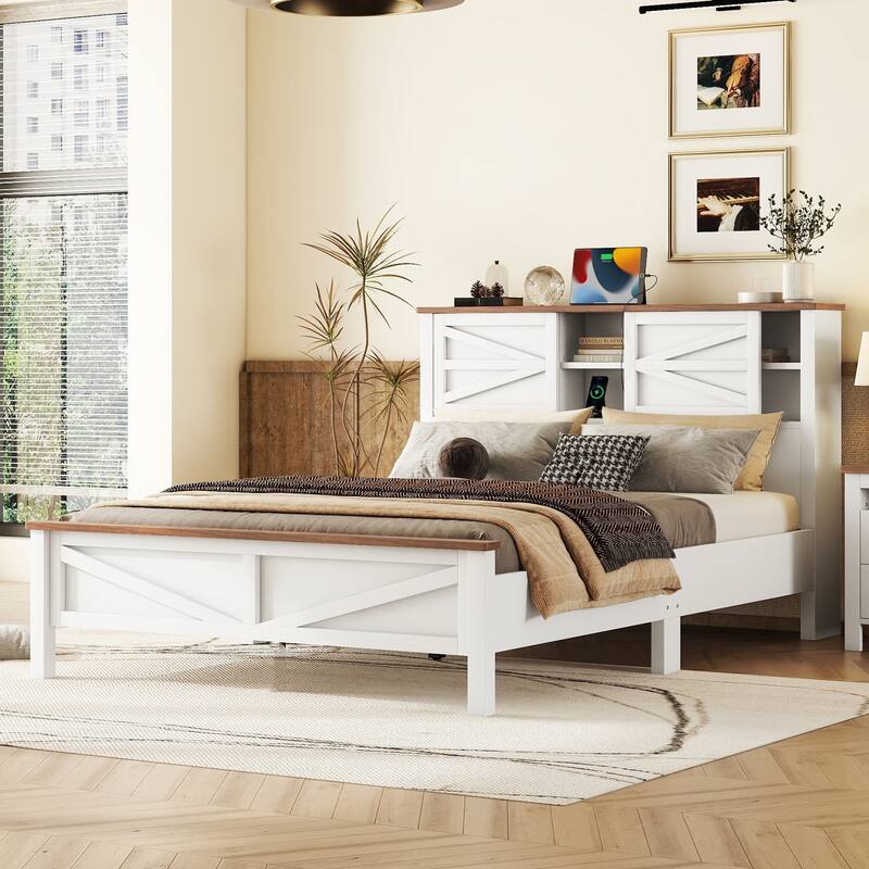 Queen Size Rustic Wood Platform Bed with Double Sliding Barn Door and Charging Station - White