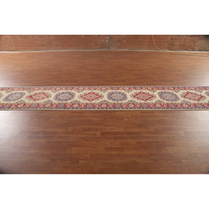Kazak Runner Rug Hand-Knotted Beige Wool Carpet - 2'8" x 25'8"