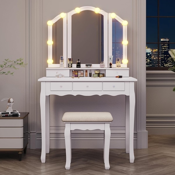 Vanity Desk Set Makeup Vanity Lighted Tri-fold Mirror and