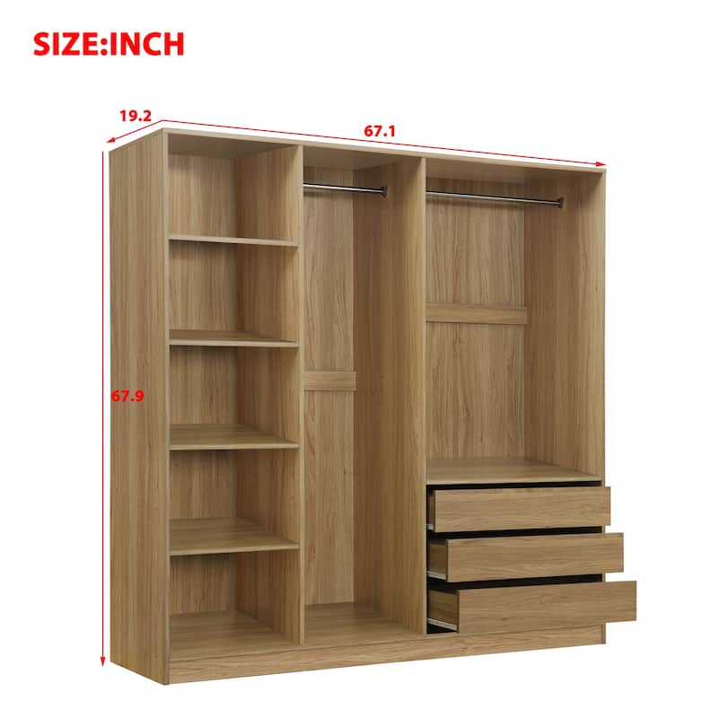 Natural Doorless Wooden Storage Wardrobe with Drawers, Clothing Storage Cabinet Organizer with Open Shelves