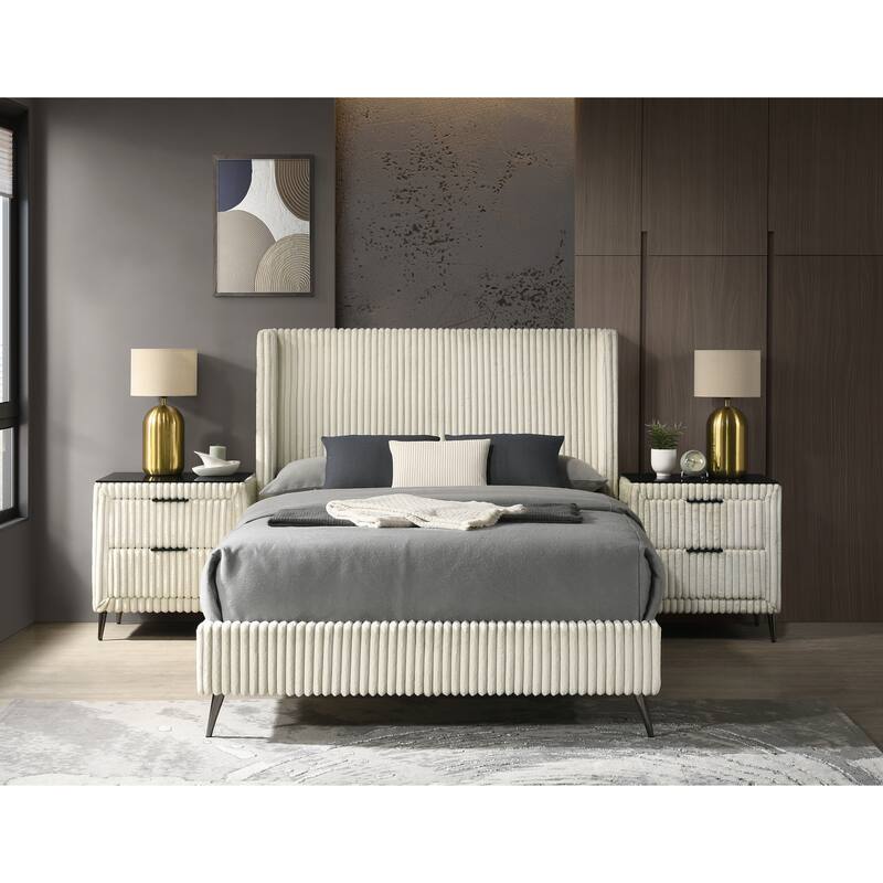 Queen Size Upholstered Panel Bed Set with 2 Nightstands and Storage Bench