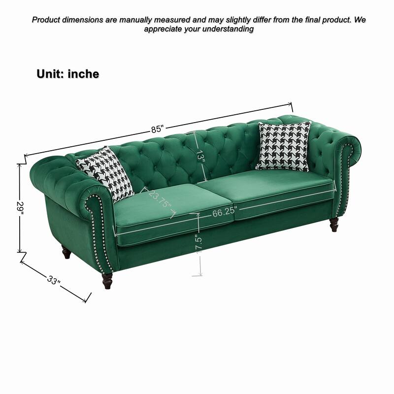 Roomfitters 85" + 65" Classic Chesterfield Upholstered Sofa and Loveseat Set, Scrolled Arm Couch with Button Back Design