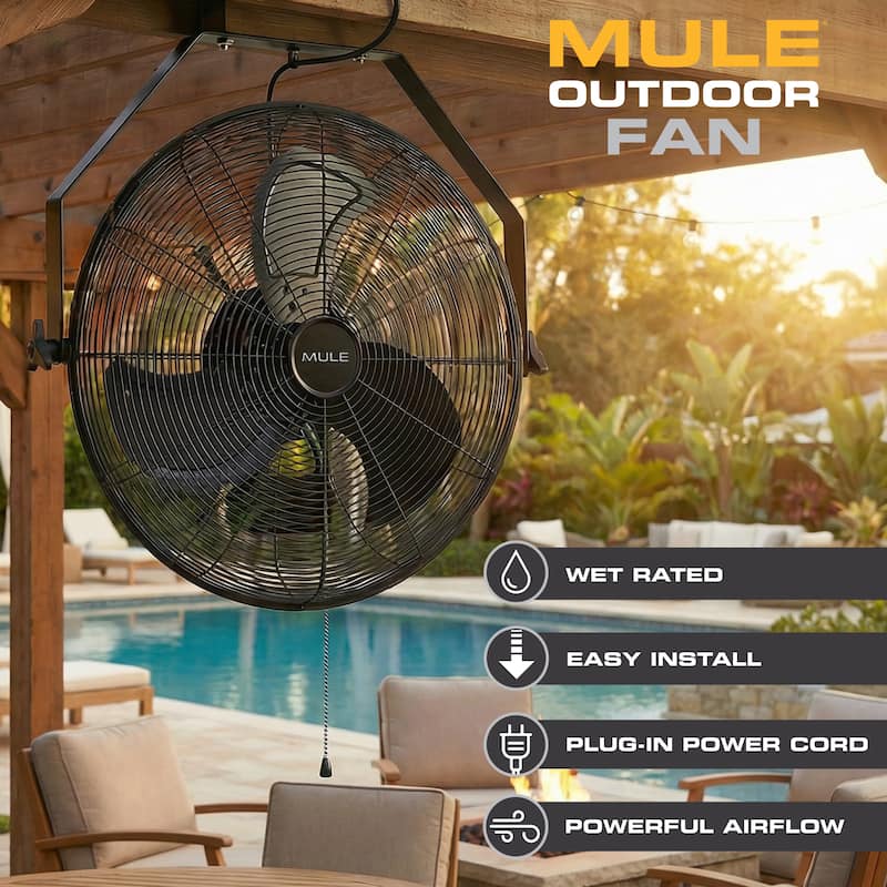Mule 20-Inch Wet Rated Outdoor Wall Mount Fan with Matte Black Finish and 3-Speed Motor - 20 Inch