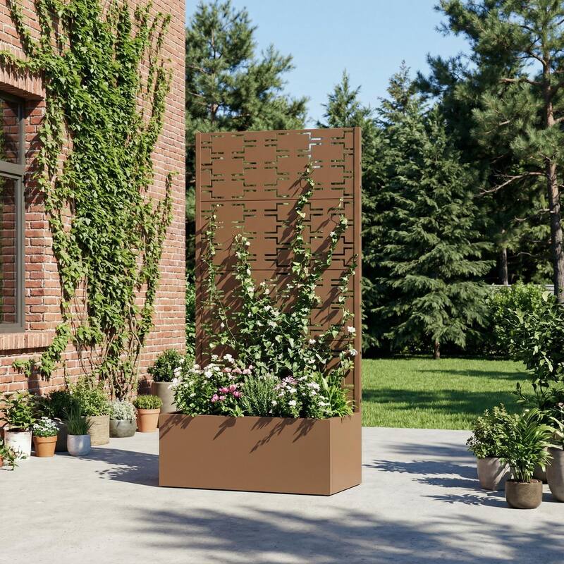 Metal Galvanized Planter Box with Trellis Privacy Screen Lockable Wheels