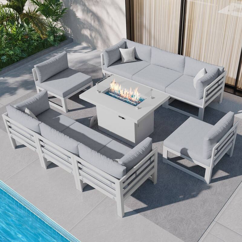 FINCATI 9-piece Extra-large Luxury Aluminum Patio Furniture Set with Deep Seating and Convertible 43'' Fire Pit Table - Light Gray
