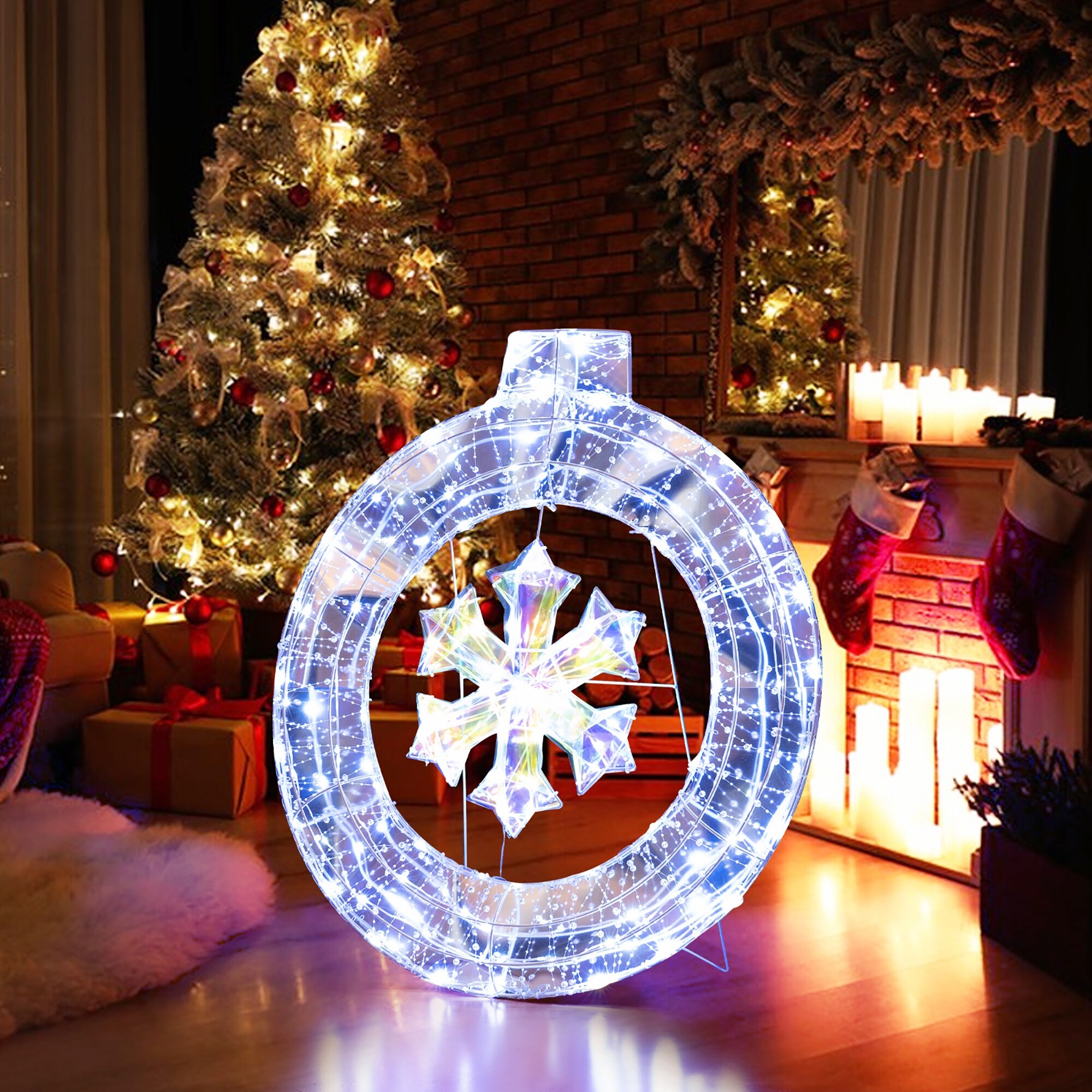 Gymax 33'' Lighted Ornament Pre-Lit Christmas Wreath w/ 128 Cold