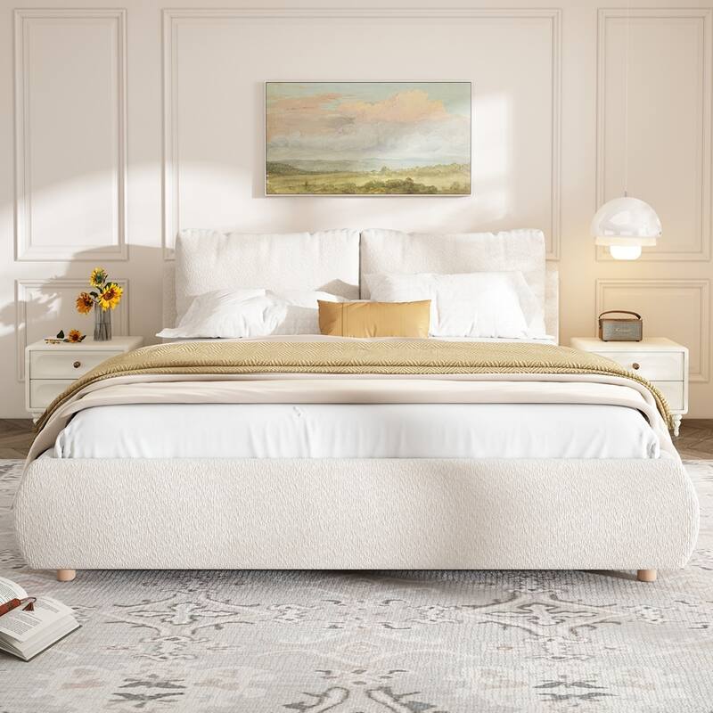 Boucle Fabric Upholstered Platform Bed with Two Removable Pillow Headboard