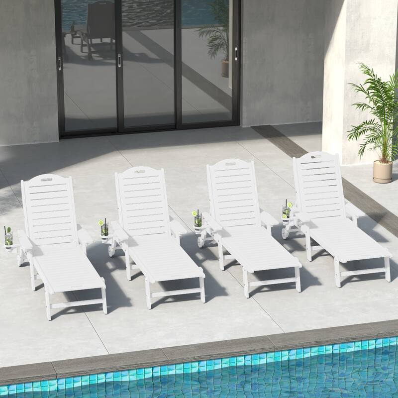 Brighton Outdoor Poly Reclining Chaise Lounge with Wheels & Cup Holder (Set of 4)