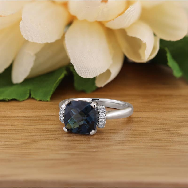 Auriya Unique 3 3/8ct Cushion-cut London Blue Topaz and Diamond Engagement Ring 1/5cttw 14k Gold