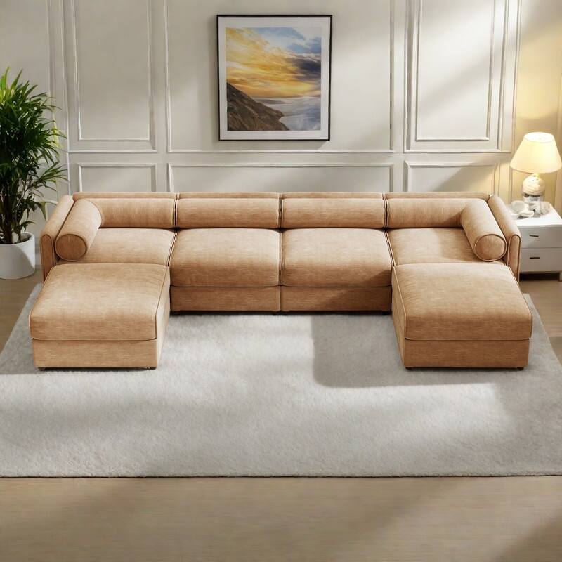 142.5" Extra Large U-Shaped Chenille Sectional Sofa with Storage Ottoman and Cylindrical Backrest(4-Seater Modular Design) - Camel