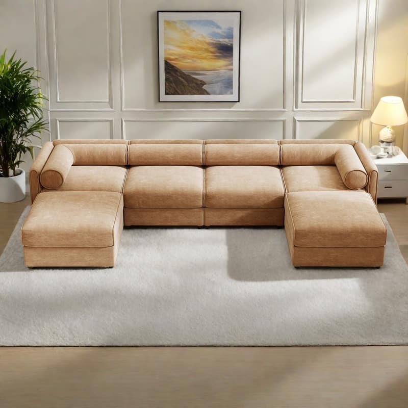 142.5" Extra Large U-Shaped Chenille Sectional Sofa with Storage Ottoman and Cylindrical Backrest(4-Seater Modular Design)