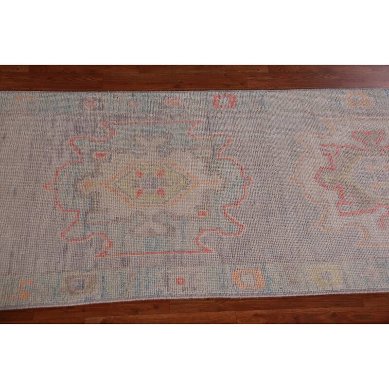 Hand Knotted Oriental 100% Wool Carpet Transitional Geometric Purples Oushak Runner Rug - 11' 11'' X 2' 10''