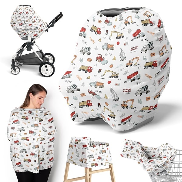 slide 2 of 6, Sweet Jojo Designs Red Blue Construction Truck Boy 5 in 1 Baby Car Seat Nursing Cover Yellow Orange Black White Transportation