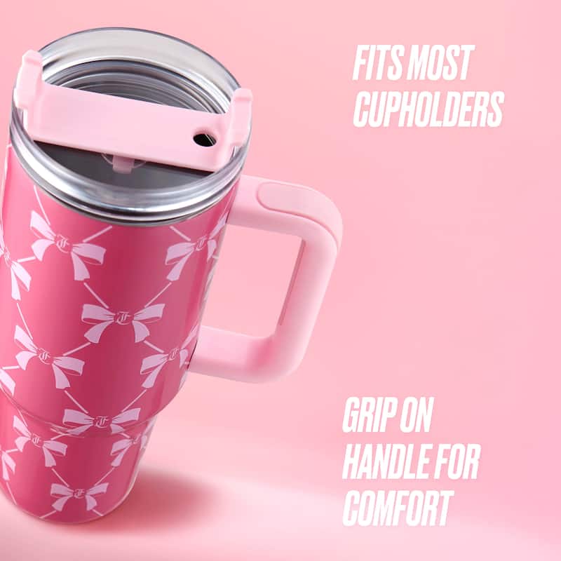 Juicy Couture Jetsetter Hydration Stainless Steel Tumbler with Handle and Straw With Topper