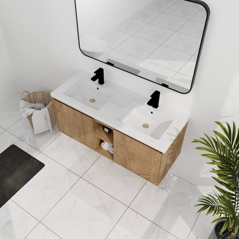 Wall-Mounted Bathroom Vanity with Double Resin Sink, Soft-Closing Doors, and Modern Design for Efficient Storage