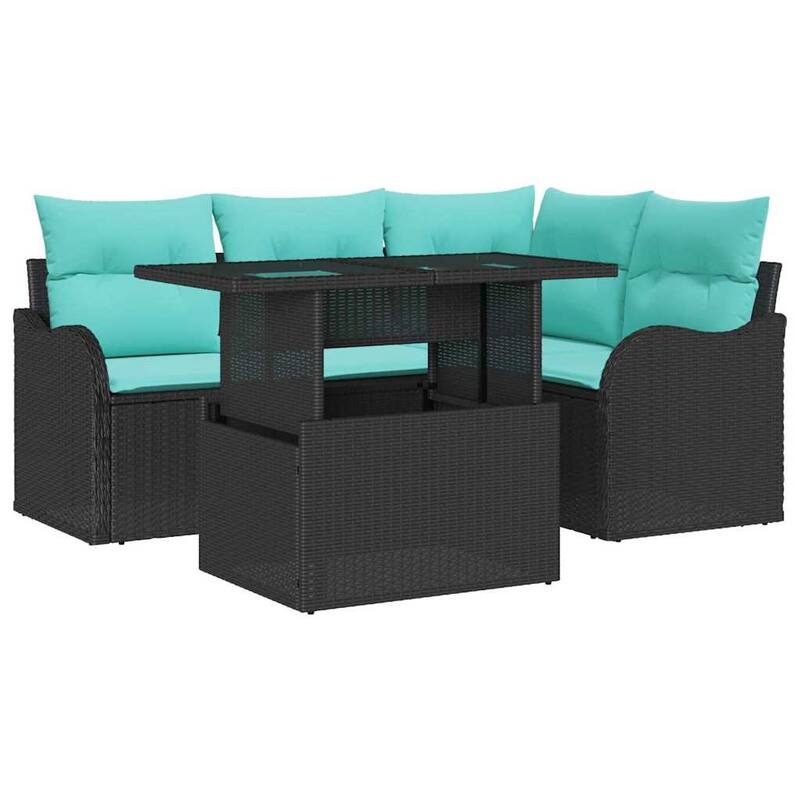 vidaXL 5 Garden Sofa Set with Cushions Black/Brown/Grey Poly Rattan - 69.9 x 48.2 x 27.2