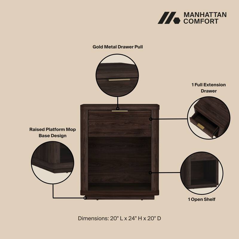 Manhattan Comfort Evelyn 1 Drawer Modern Nightstand