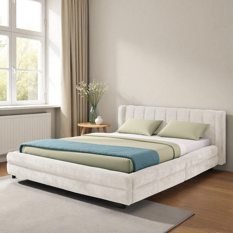 Queen Size Upholstered Bed Frame with Chenille Headboard and Underbed Storage Drawer, Solid Platform Design