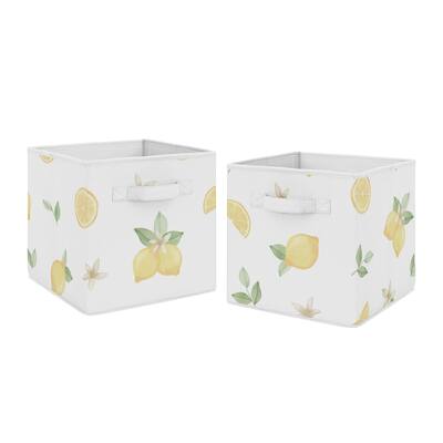 Lemon Floral Foldable Fabric Storage Bins - Yellow Green White Watercolor Boho Bohemian Farmhouse Fruit Flower Blossom Botanical