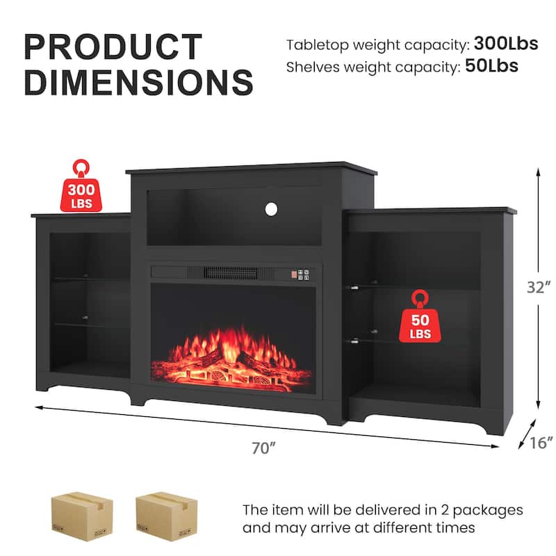 32" H Fireplace TV Stand, 55/70 Inch Media Console for TVs up to 80", Remote, Storage & LED Lights