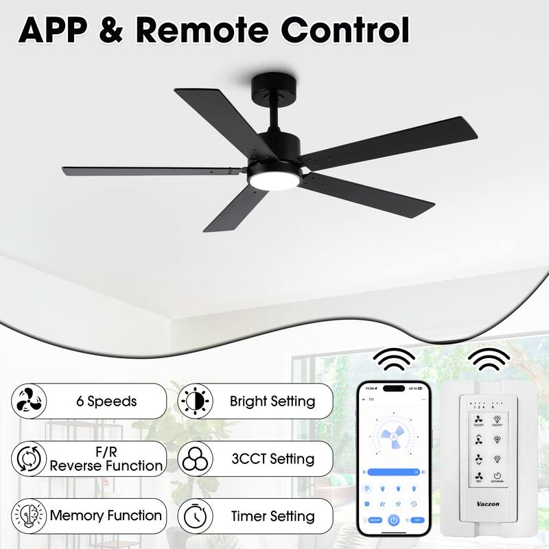 Vaczon 52" Modern Black LED Smart Ceiling Fan with Light and APP Control