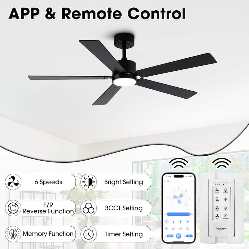 Vaczon 52" Modern Black Wood 5-blade Smart Ceiling Fan with Light and APP Control