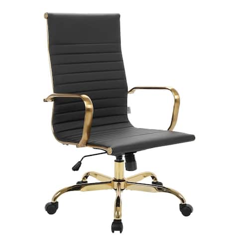 LeisureMod Harris High-Back Leather Office Chair With Gold Frame