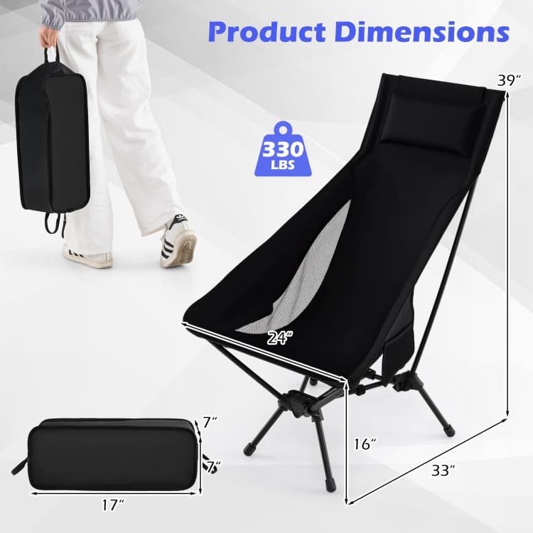 Black Aluminum Camping Chair with High Back, Mesh Seat and Carry Bag