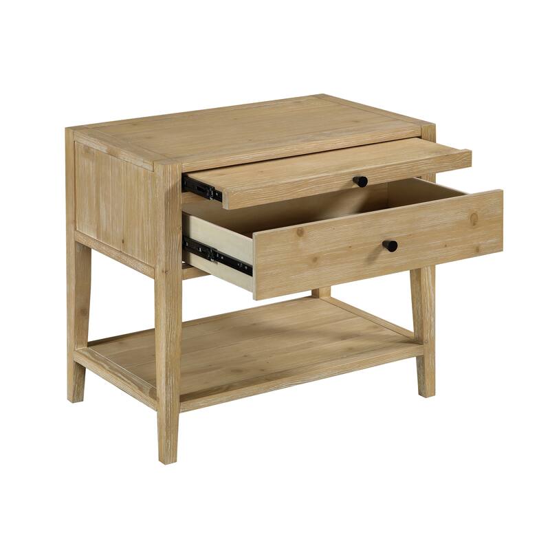 Natural Finish Nightstand with Pull-Out Tray and Open Shelf