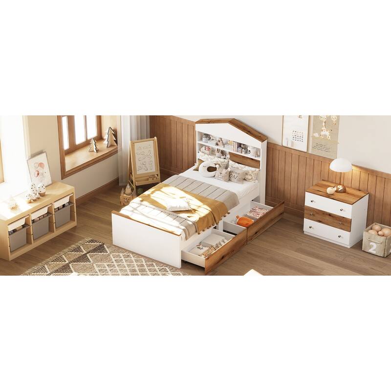Twin Size Wood Platform Bed with Storage Shelf , Built-in Two Storage Drawers