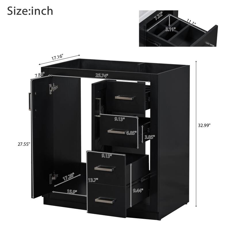 Freestanding 30 Inch Bathroom Vanity with Ceramic Sink, MDF Cabinet with 3 Drawers and Storage Shelf