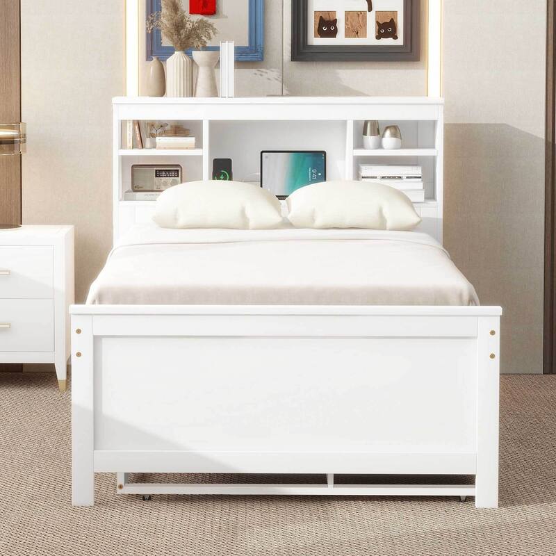 Twin & Full Size Platform Bed with Storage Headboard, USB, Twin Size Trundle and 3 Drawers - White - Twin