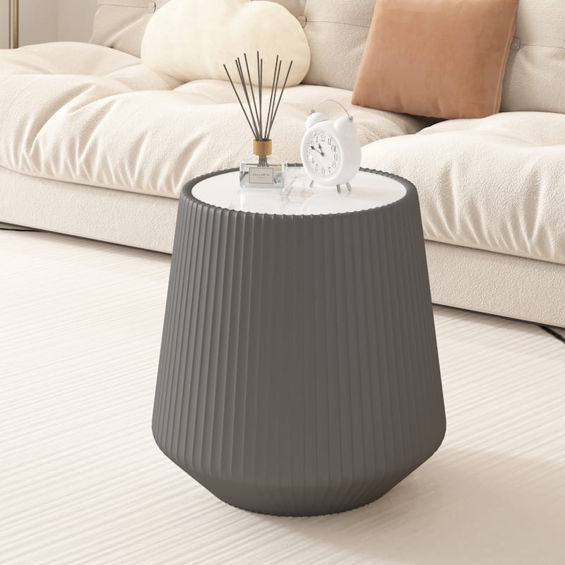 Cup-Shaped Leather Coffee Table Small Round Table Modern End Table with Sintered Stone Top, Faux Marble Sofa Side Table - Grey--19.68"