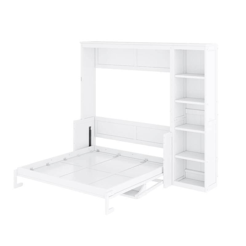 Full/Queen Size Murphy Bed with Built-in Desk, Wall Bed Folding Bed Frame with 5-Tier Side Bookshelf