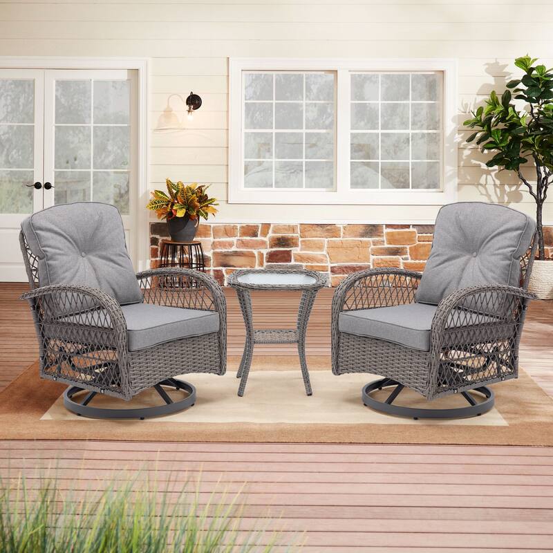 3 Pieces Outdoor Swivel Rocker Chairs, 360 Degree, Thickened Cushions & Glass Coffee Table