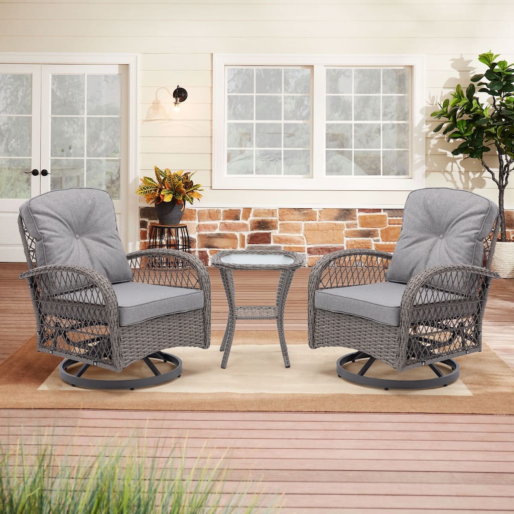 3 Pieces Outdoor Swivel Rocker Chairs, 360 Degree, Thickened Cushions & Glass Coffee Table