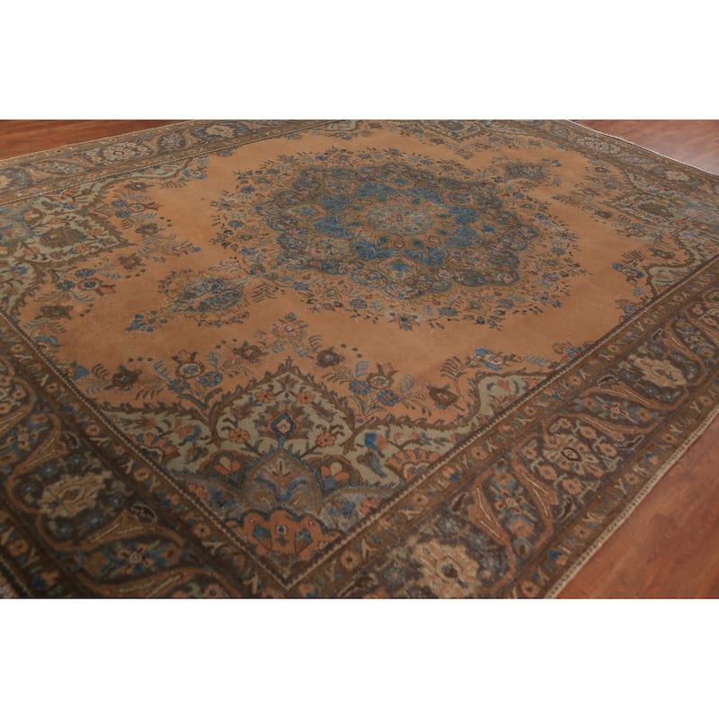 Orange Medallion Tabriz Persian Area Rug Hand-Knotted Wool Carpet - 9'7"x 12'10"