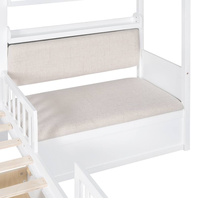 Twin Size House Bed for Kids with Linen Sofa, Storage Drawers, and Shelf, Playhouse Design, White/Grey
