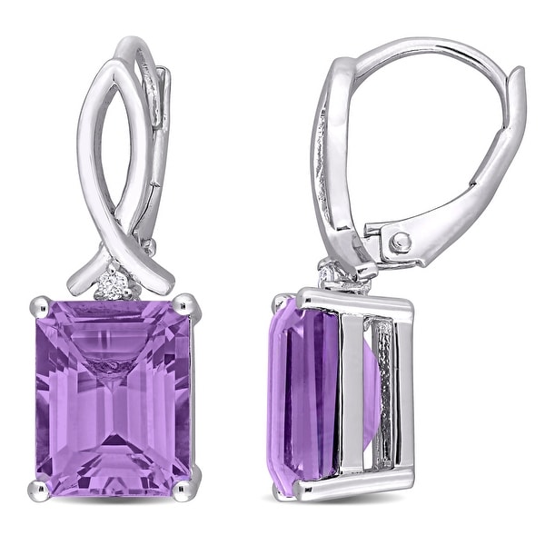 Miadora Sterling Silver Octagon-cut Amethyst and White Topaz Drop Leverback Earrings - 24.7 mm x 8 mm x 10 mm. Opens flyout.