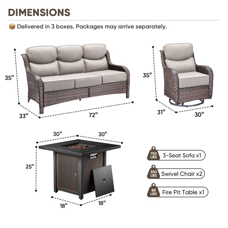 Pocassy 30 Inch Fire Pit Table with Sofa Swivel Chair Set