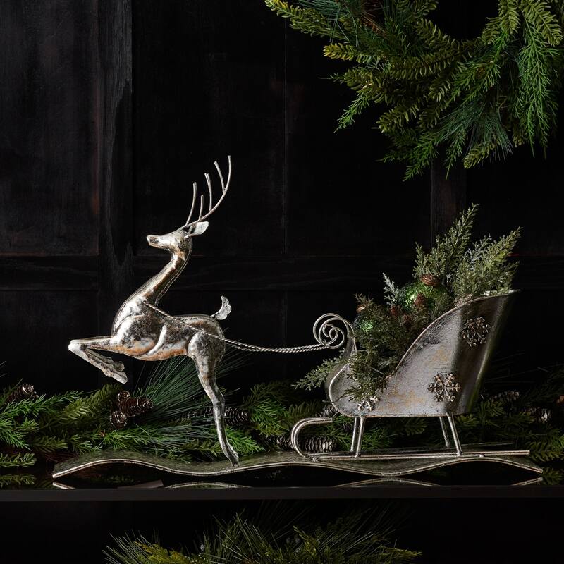 Reindeer with Sleigh Hammered Christmas Figurines - 25.5" - Silver and Gray