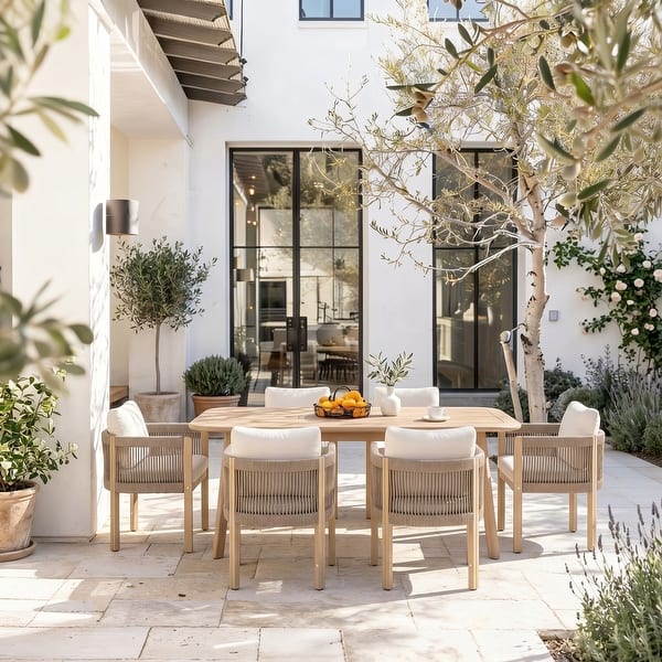 slide 2 of 13, Outdoor Dining Set 7-Piece Acacia Wood Rope-Woven Arm Chairs with Extendable Dining Table Natural&Beige