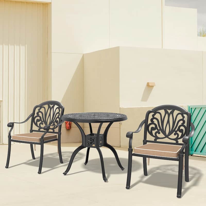 3/5-Piece Cast Aluminum Outdoor Dining Set with 31.5 in. Round Table and Seat Cushions - Black(3-Piece Sets A)