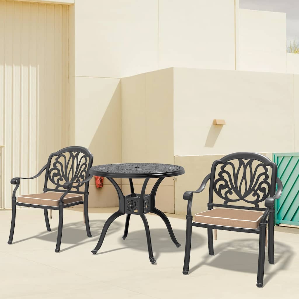 3/5-Piece Cast Aluminum Outdoor Dining Set with 31.5 in. Round Table and Seat Cushions