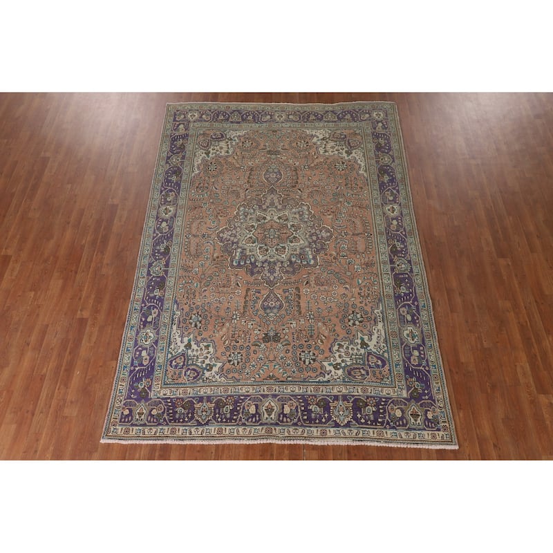 Floral Coral Tabriz Persian Vintage Area Rug Handmade Wool Carpet - 6'9"x 9'10"