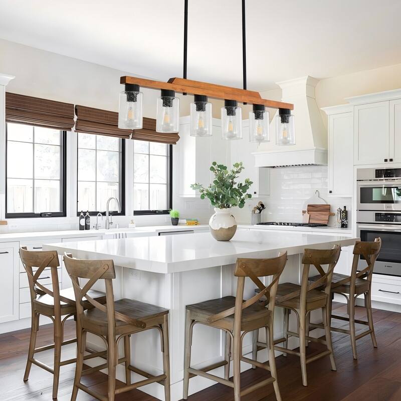 Farmhouse Chandelier for Dining Room Kitchen Island Rustic Wood Linear Pendant Light with Seed Glass Shade