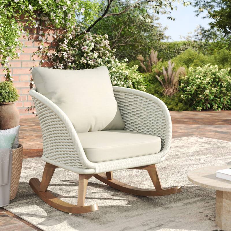 Contemporary Minimalist Beige Wicker Rocking Chair with Soft Polyester Cushions and Durable Wooden Frame - Beige and Natural